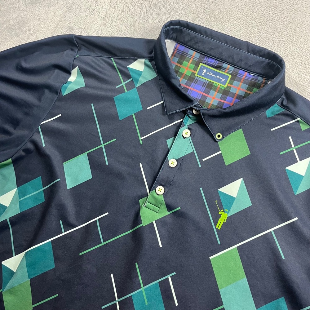 William Murray Golf Polo Shirt Mens XL Navy Blue Geometric Flagstick Performance
